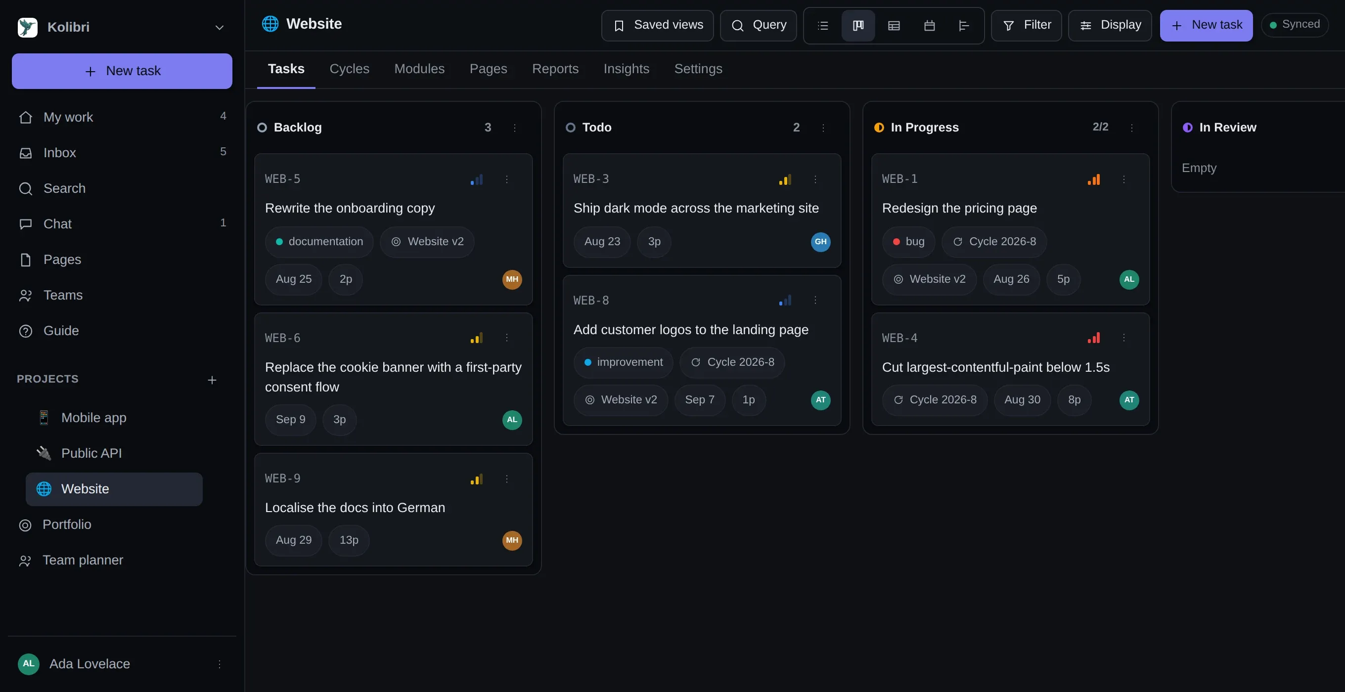 A Kanban board for the Website project: Backlog, Todo, In Progress and In Review columns, with cards carrying an identifier, labels, a cycle, a due date, an estimate and an assignee.