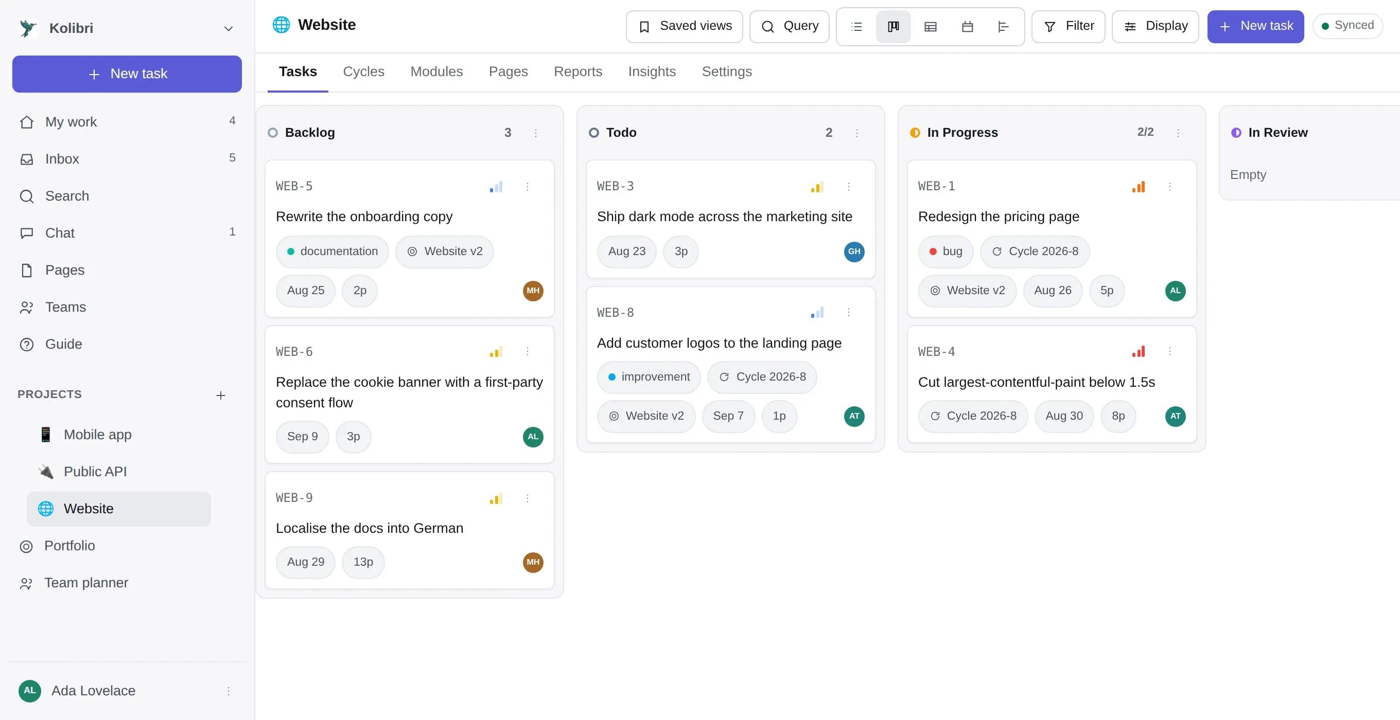A Kanban board for the Website project: Backlog, Todo, In Progress and In Review columns, with cards carrying an identifier, labels, a cycle, a due date, an estimate and an assignee.