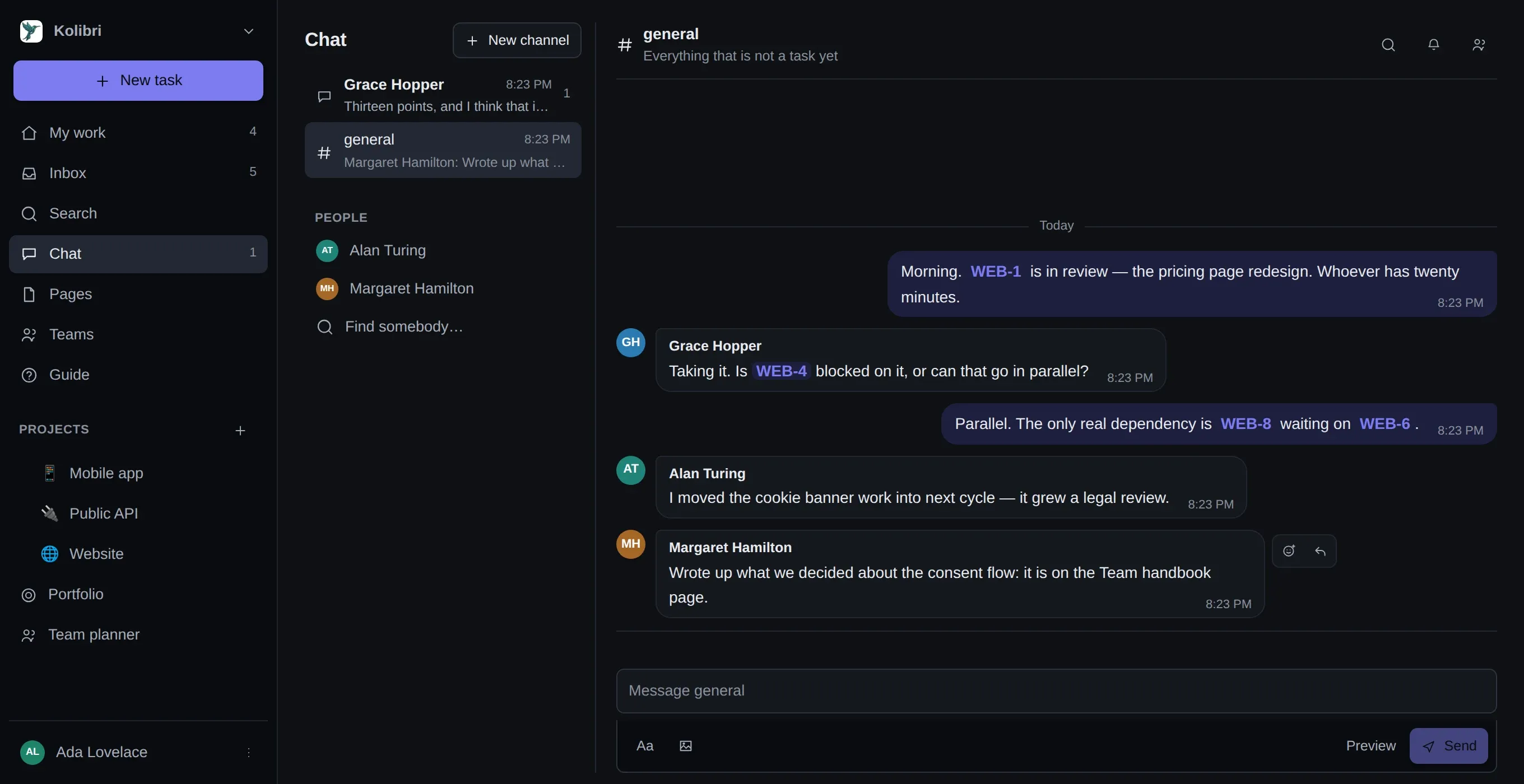 The #general channel: four people talking, with WEB-1, WEB-4, WEB-8 and WEB-6 rendered as links to those tasks.