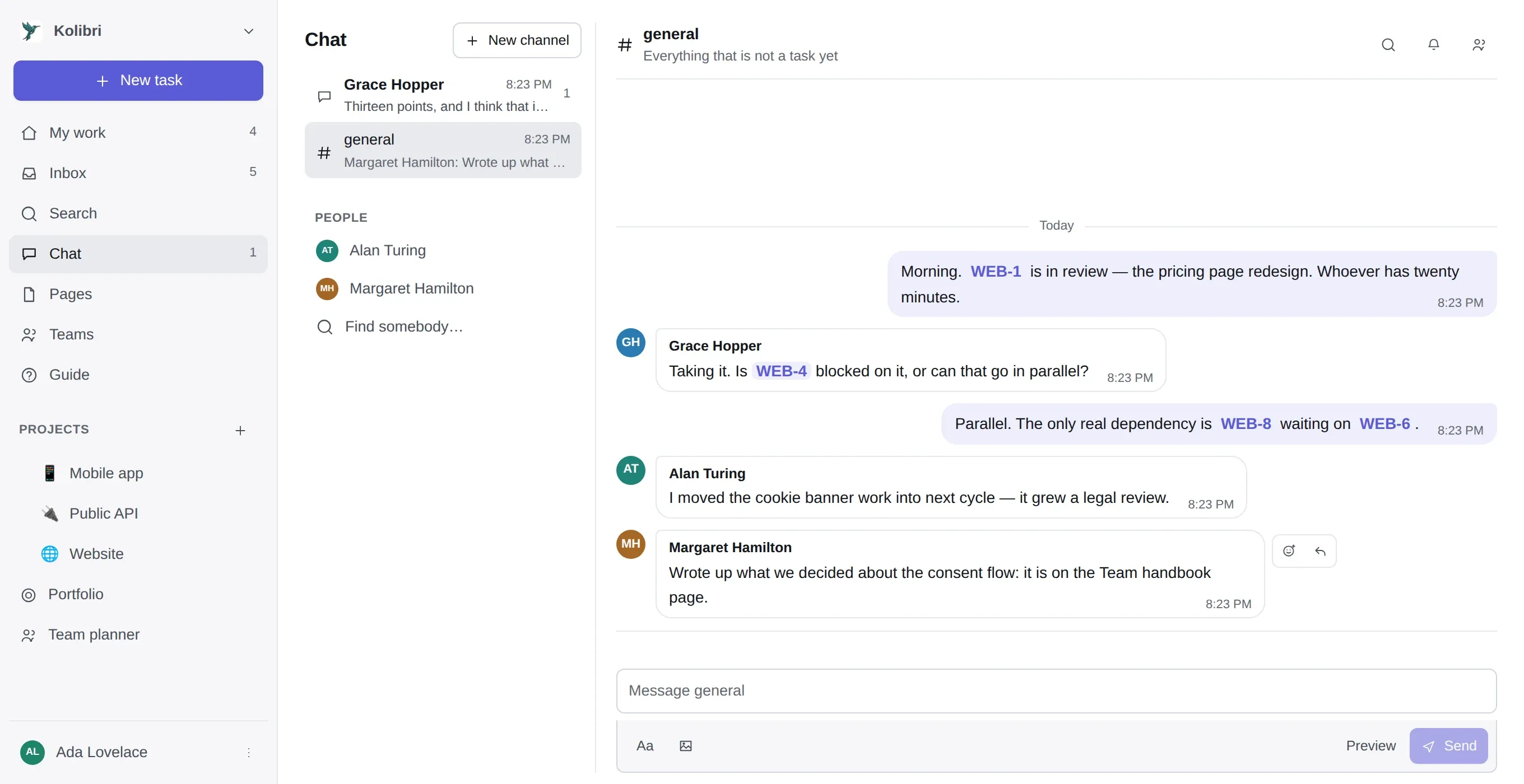 The #general channel: four people talking, with WEB-1, WEB-4, WEB-8 and WEB-6 rendered as links to those tasks.