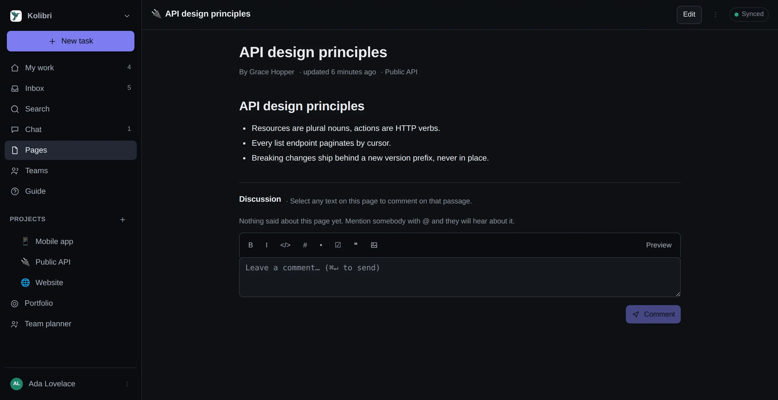 A wiki page — API design principles — with its author and project above it and a discussion thread below.