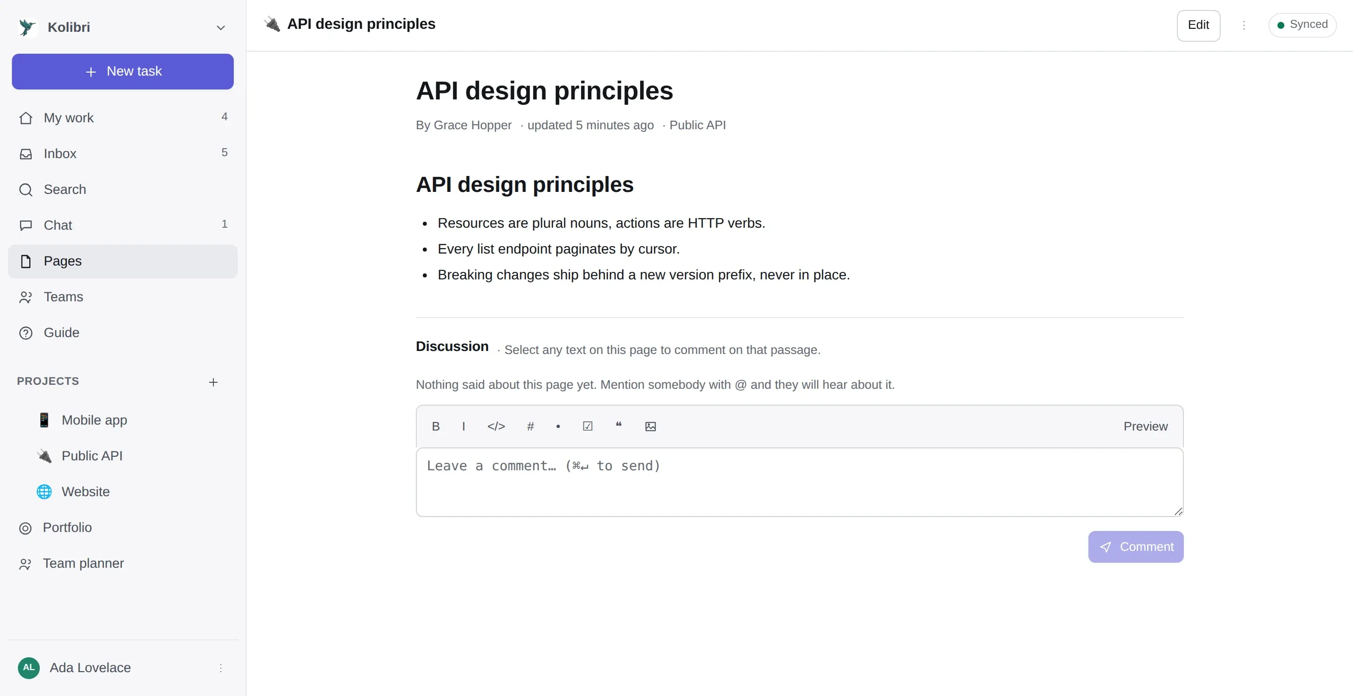 A wiki page — API design principles — with its author and project above it and a discussion thread below.