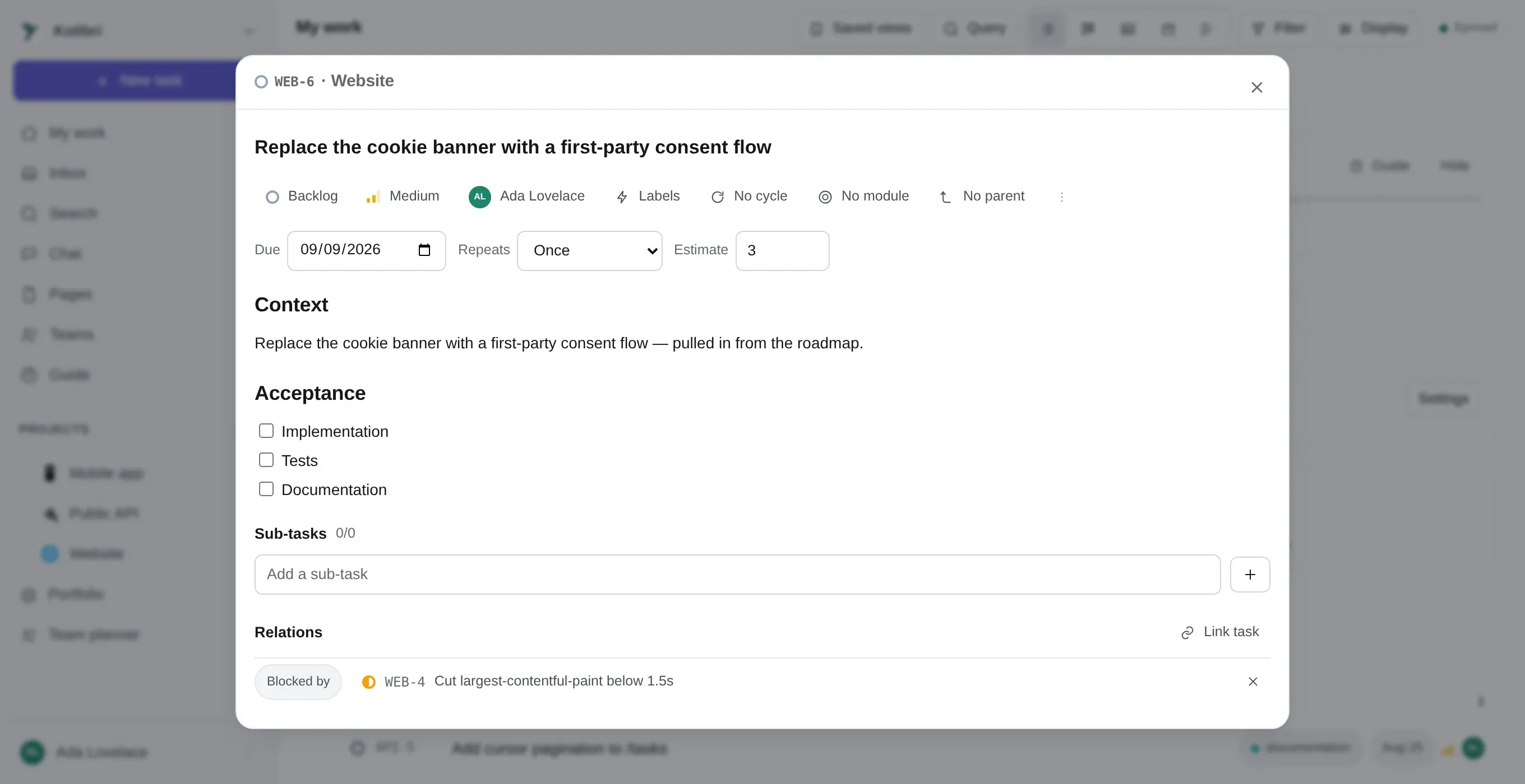 A task open over the board: WEB-6, In Progress, with a markdown description, an acceptance checklist, one sub-task, and empty Relations and Files sections.