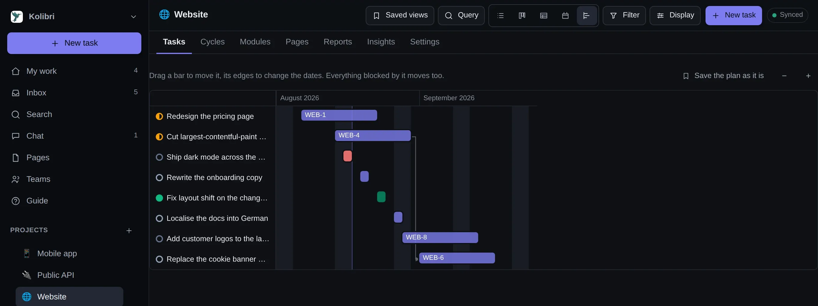 The timeline layout: eight tasks as bars across August and September 2026, with a line drawn from one bar to the task it blocks.
