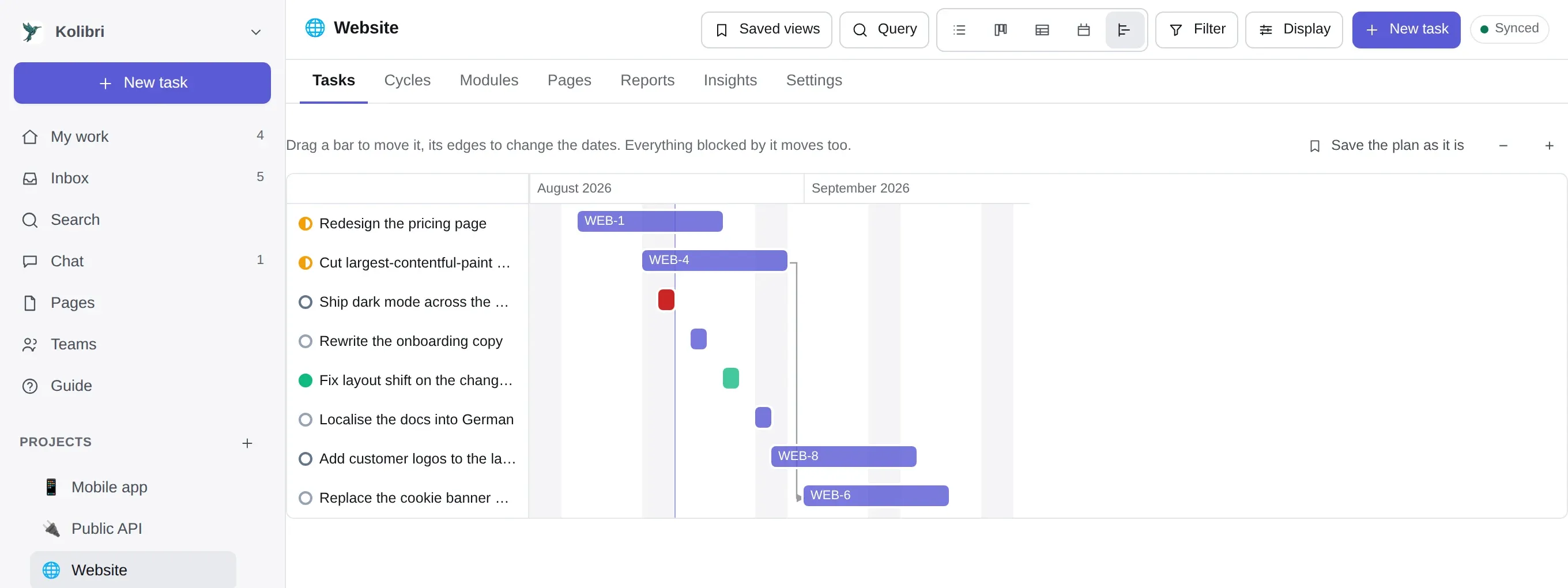 The timeline layout: eight tasks as bars across August and September 2026, with a line drawn from one bar to the task it blocks.
